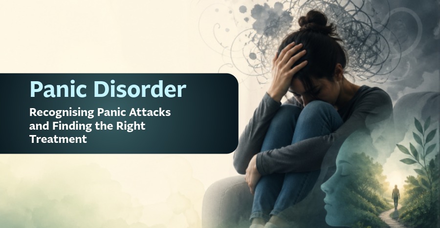Panic disorder concept image showing a distressed woman with anxiety and mental confusion